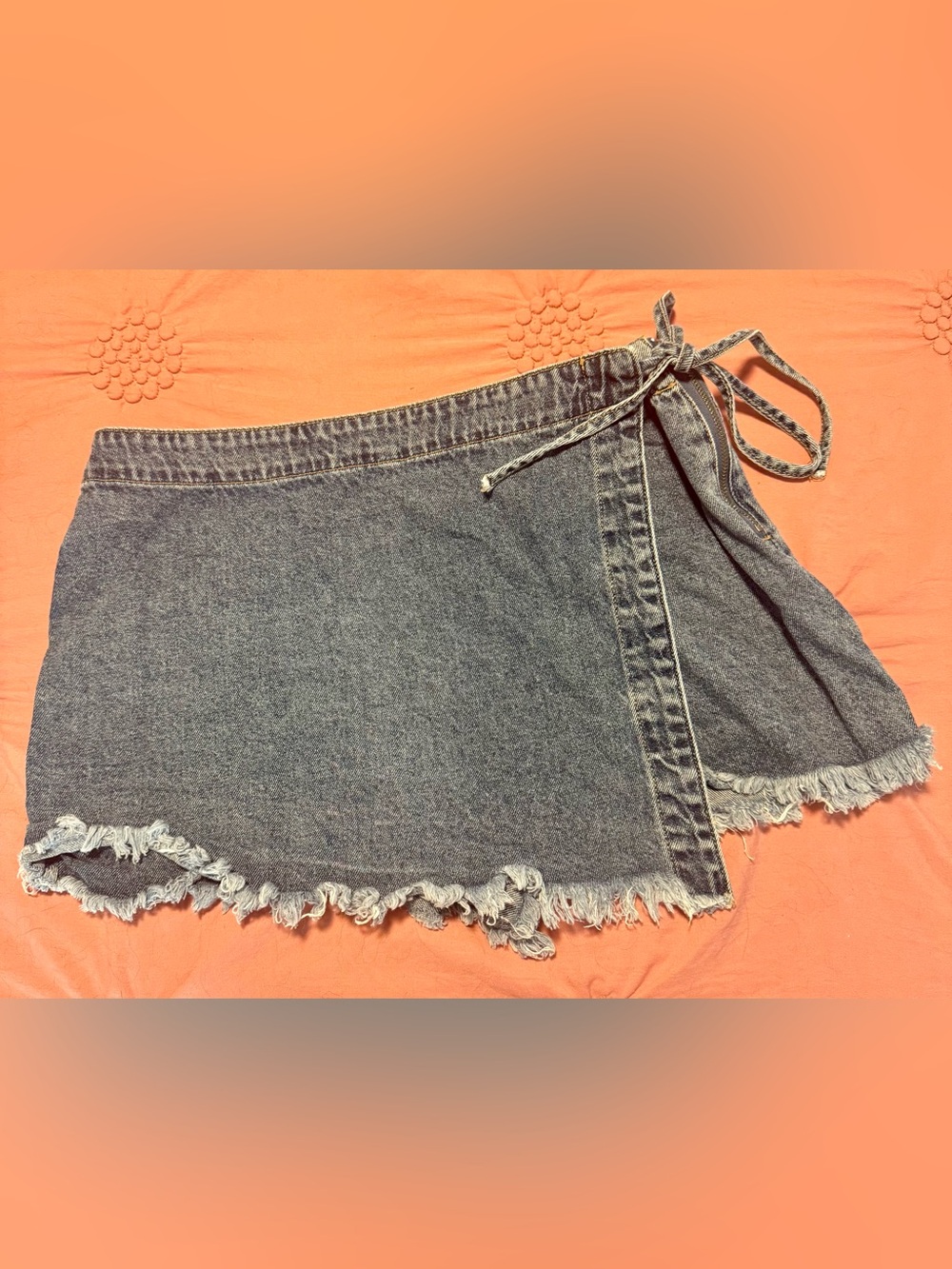 Denim Wrap Mini Skort with Frayed Hem